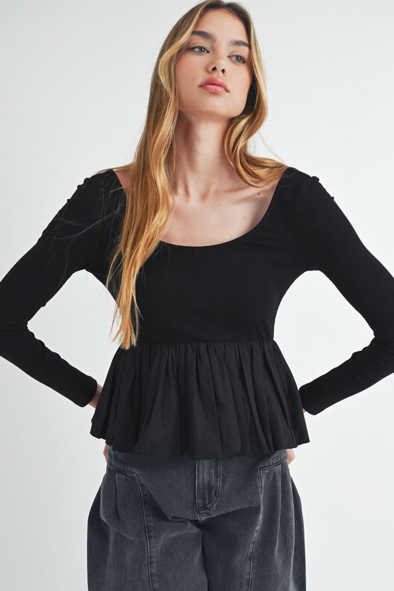 Black Ribbed Knit Long Sleeve Scoop Neck Peplum Patchwork Top - Love Salve